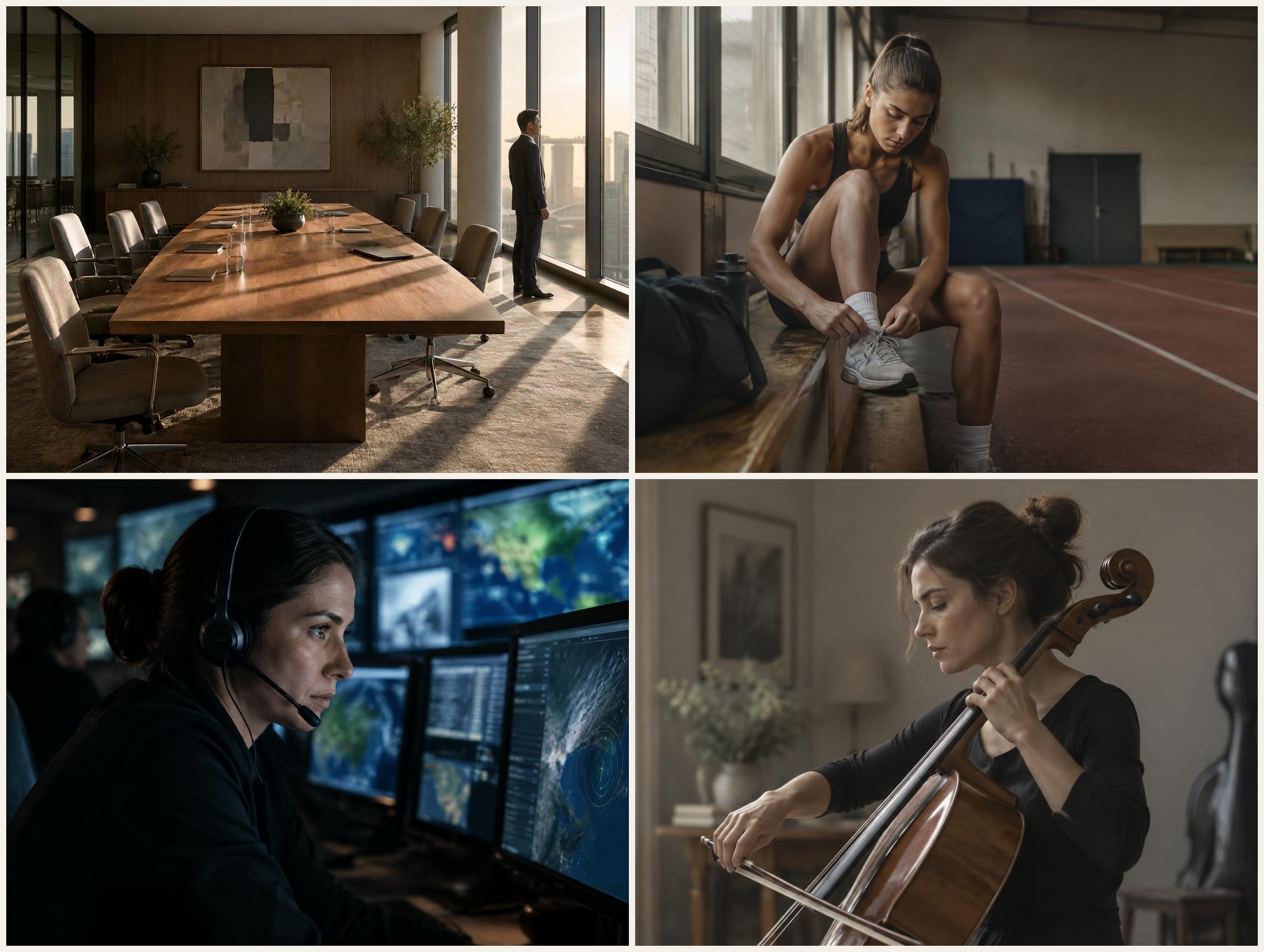 Four scenes of performance: an executive looking out over a city skyline from a boardroom, an athlete preparing, a cellist in rehearsal, and a professional in a high-pressure control room