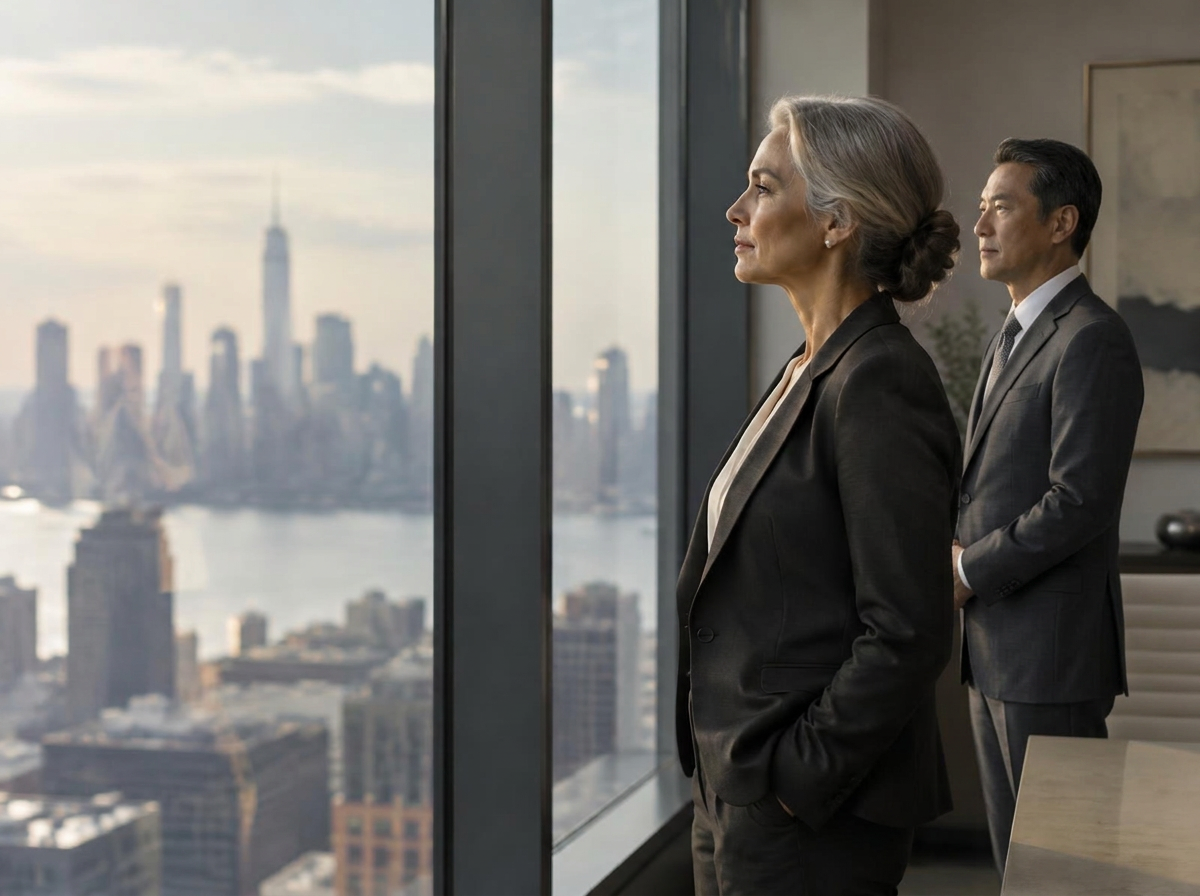 Two senior executives reflecting by a window overlooking the city
