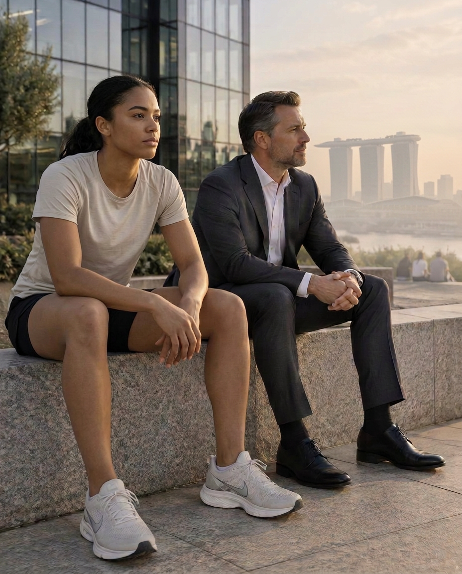 Female athlete and executive sitting side by side in quiet reflection, Singapore skyline in the haze behind
