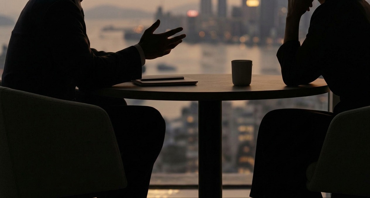Leader speaking while a coach listens in a calm one-to-one conversation