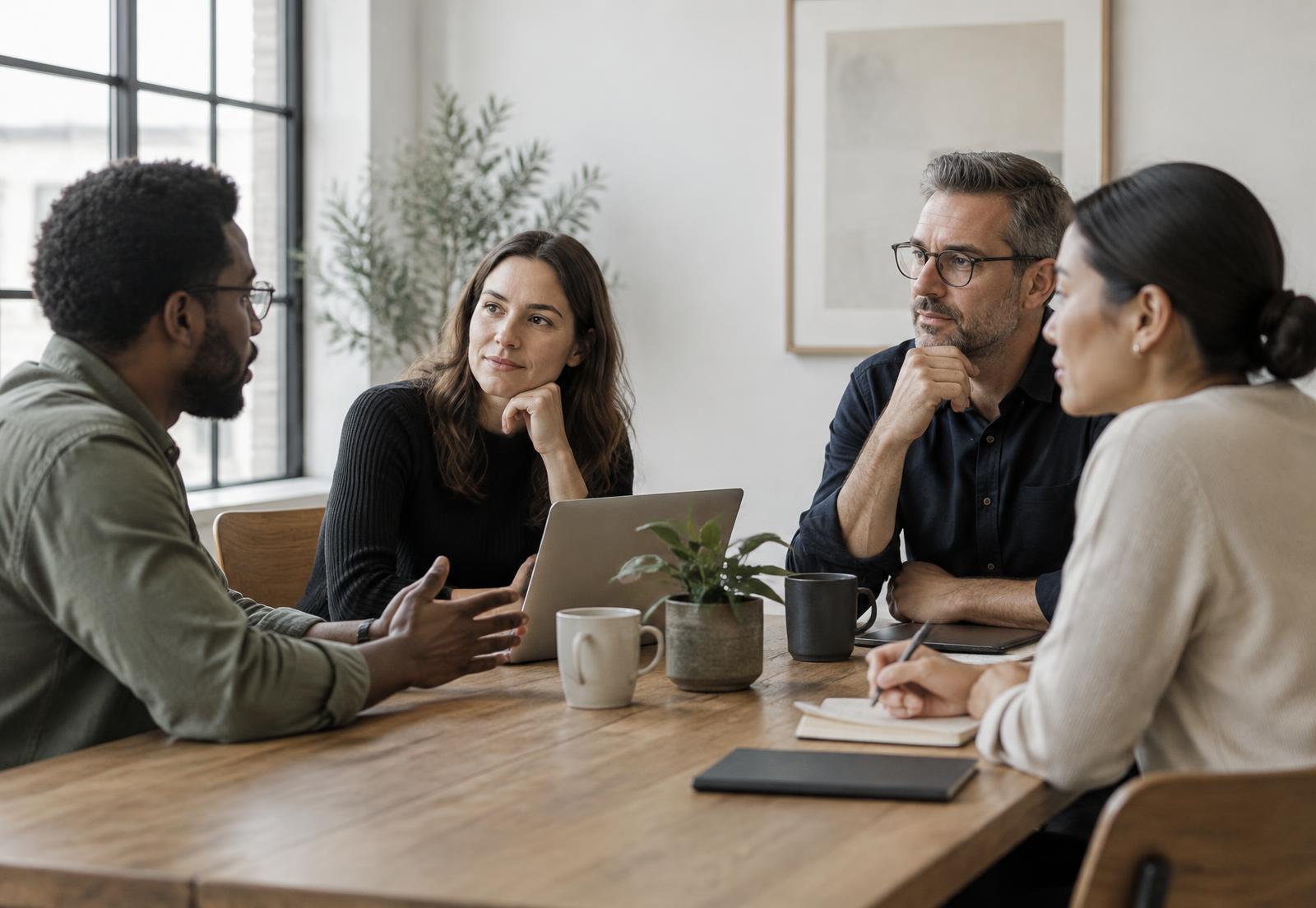 Leadership team in thoughtful discussion